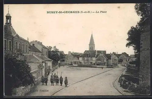 AK Bussy-Saint-Georges, La Place avec église et groupe de soldats