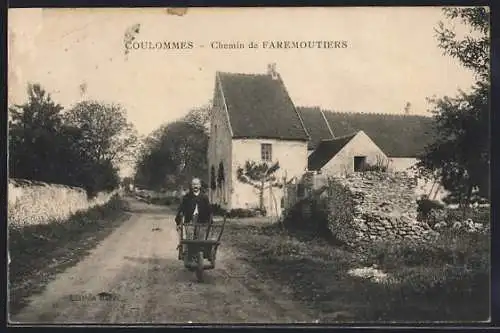 AK Coulommes, Chemin de Faremoutiers avec homme et brouette