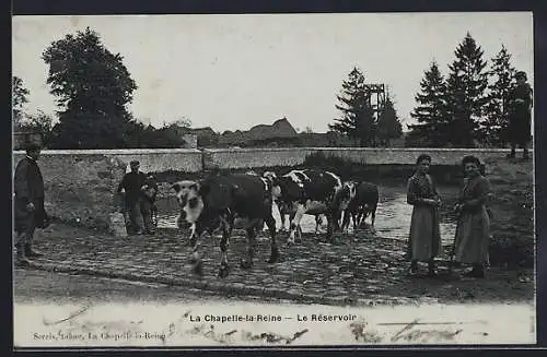 AK La Chapelle-la-Reine, Le Réservoir avec troupeau et villageois