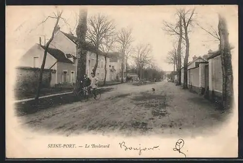 AK Seine-Port, Le Boulevard avec cycliste et chien en promenade