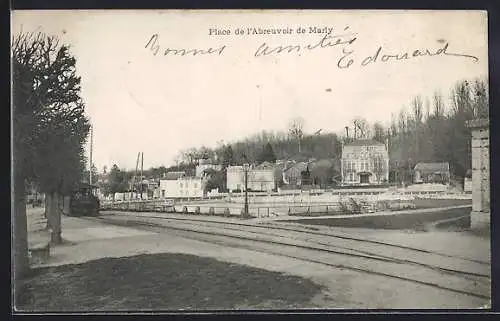 AK Marly, Place de l’Abreuvoir avec vue sur les bâtiments et les rails de tramway