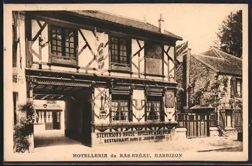 AK Barbizon, Hotellerie du Bas-Bréau avec enseignes et restaurant dans le jardin