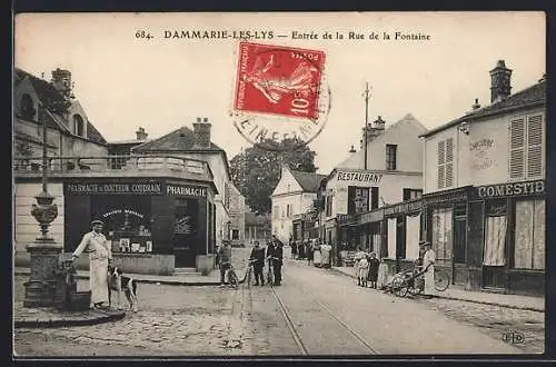 AK Dammarie-les-Lys, Entrée de la Rue de la Fontaine avec commerces et passants