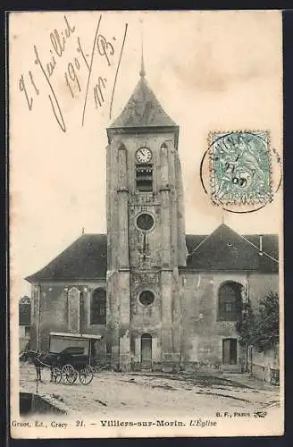 AK Villiers-sur-Morin, L`église et la calèche devant l`entrée