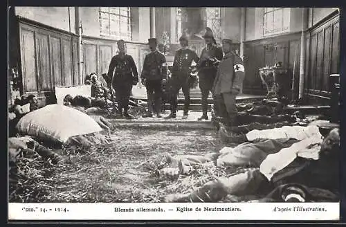 AK Neufmoutiers, Blessés allemands dans l`église pendant la guerre de 1914