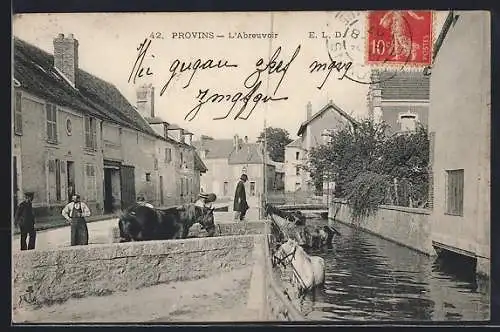 AK Provins, L`Abreuvoir avec chevaux et habitants