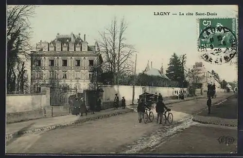 AK Lagny, La côte Saint-Denis avec cyclistes et calèche