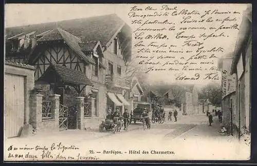 AK Barbizon, Hôtel des Charmettes avec calèche sur la route