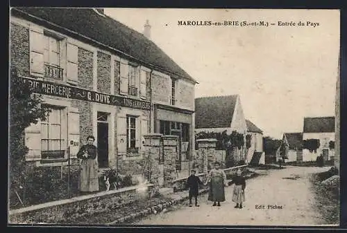 AK Marolles-en-Brie, Entrée du Pays avec maisons et habitants