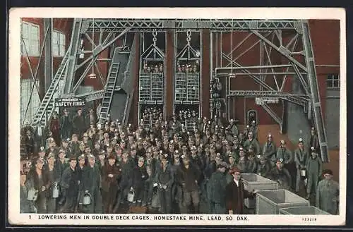 AK Lead, SD, Lowering men in double deck cages, Homestake Mine