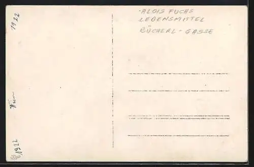 Foto-AK Gemischtwaren Alois Fuchs, Emailleschild-Reklame für Kunerol, Imperial Feigenkaffee, Kronenbrot