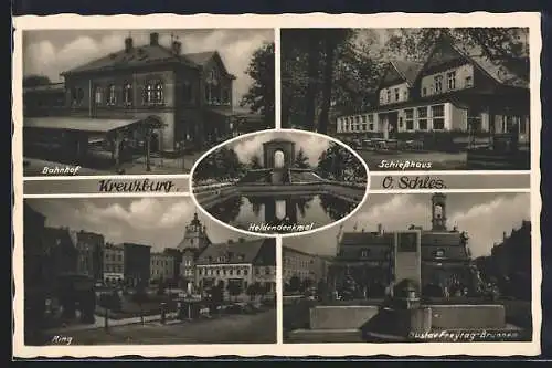 AK Kreuzberg /O. Schles., Bahnhof, Schiesshaus, Ring, Gustav Freytag-Brunnen