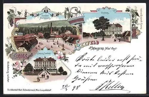 Lithographie Seefeld b. Mailberg, Marktplatz, Schloss Seefeld