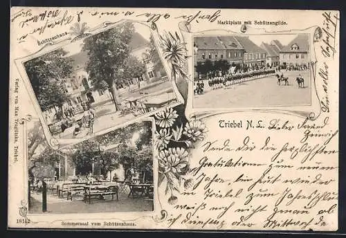 AK Triebel /N. L., Marktplatz mit Schützengilde, Schützenhaus, Sommersaal vom Schützenhaus