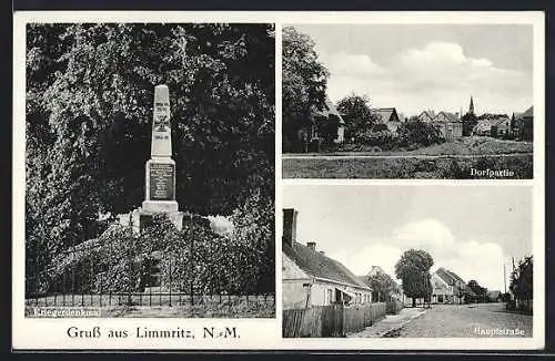 AK Limmritz /N.-M., Hauptstrasse, Kriegerdenkmal, Dorfpartie