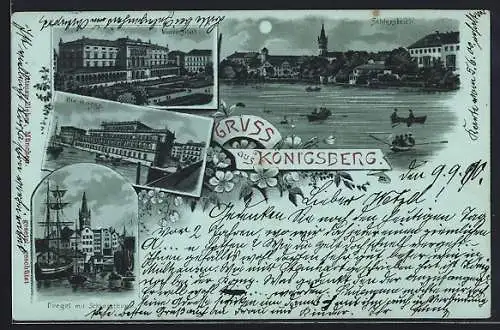 Mondschein-Lithographie Königsberg, Universität, die Börse, Pregel mit Schlossturm, Schlossteich