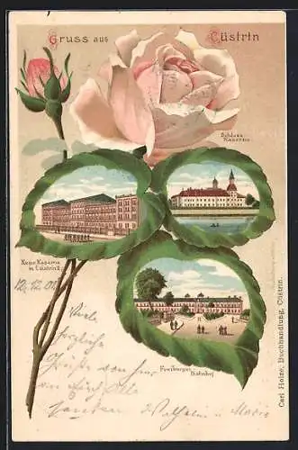 Passepartout-Lithographie Cuestrin / Kostrzyn, Ansichten auf Rosenblättern, Schloss-Kaserne, Freiburger Bahnhof