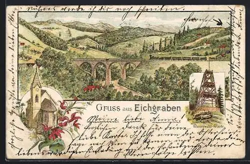 Lithographie Eichgraben, Kirche, Wienerwaldwarte, Viadukt mit Eisenbahn