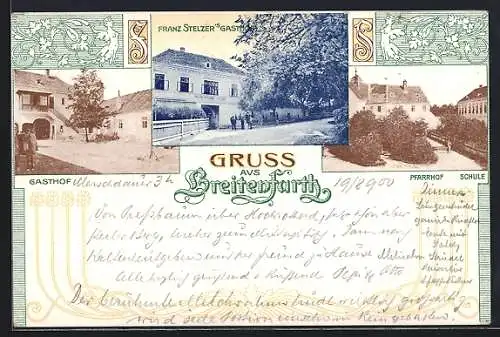 AK Breitenfurt /N.-Oe., Gasthaus Franz Stelzer, Schule mit Pfarrhof