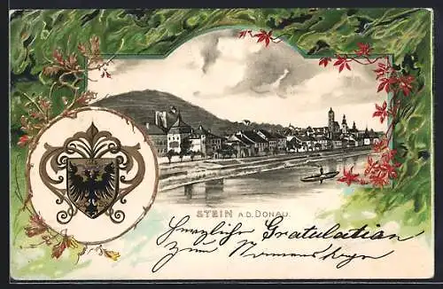 Lithographie Stein a. d. Donau, Ortsansicht mit Dampfschiff und Wappen