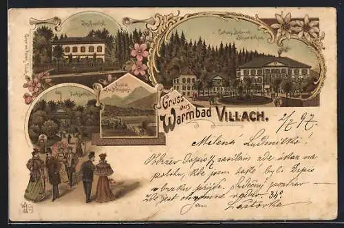 Lithographie Villach, Curhaus, Bade- und Schweizerhaus, Josefinenhof, Parkpartie, Ausblick auf den Mittagskogel