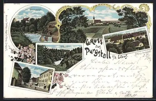 Lithographie Purgstall a. d. Erlauf, Schloss Purgstatt, Lautermühle, Erlaufpartie, Marktplatz, Ortsansicht