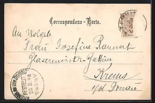 AK Ternitz a. d. Südbahn, Geschäft von A. Bauer, Kirche und Flusspartie