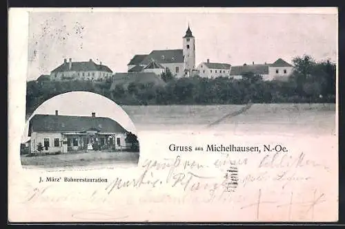 AK Michelhausen /N.-Oe., Bahn-Restaurant von J. März, Blick zur Kirche