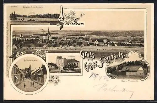 Lithographie Gross Siegharts, Schlossergasse, Schloss, Bad u. Promenade