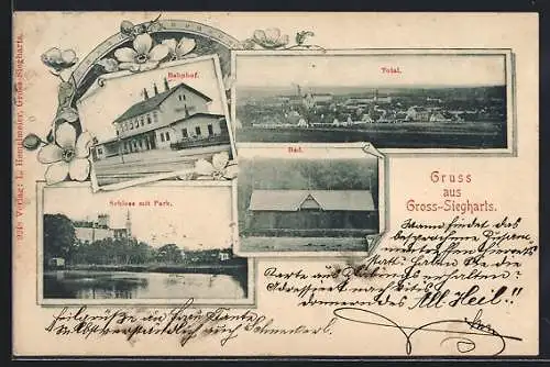 AK Gross-Siegharts, Bahnhof, Baad, Schloss mit Park und Totalansicht