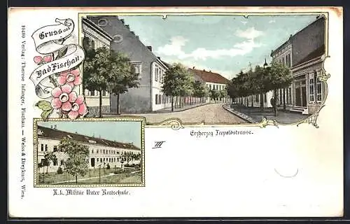 Lithographie Bad Fischau, K. k. Militär Unter-Realschule, Erzherzog Leopoldstrasse