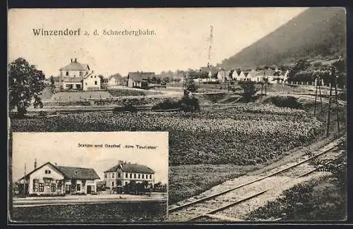 AK Winzendorf a. d. Schneebergbahn, Ortsansicht, Station u. Gasthof zum Touristen