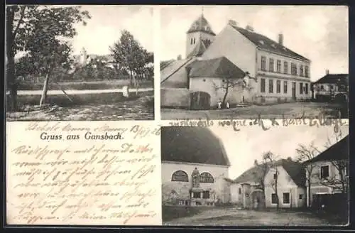 AK Gansbach, Strassenpartie, Kirche und Denkmal