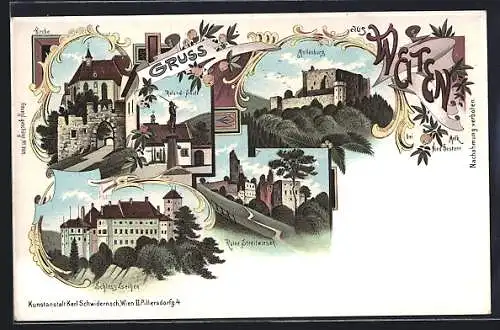 Lithographie Weiten bei Melk, Schloss Leihen, Roland-Säule