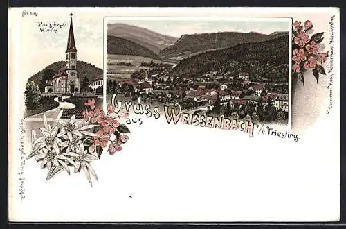 Lithographie Weissenbach an der Triesting, Gesamtansicht, Herz-Jesu-Kirche