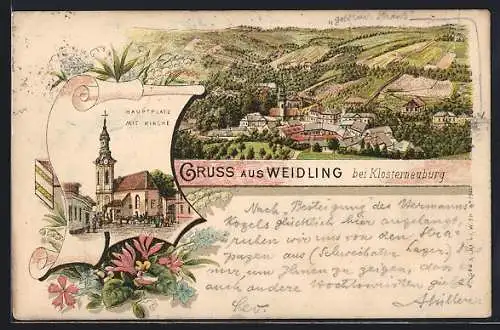 Lithographie Weidling bei Klosterneuburg, Hauptplatz mit Kirche, Totalansicht