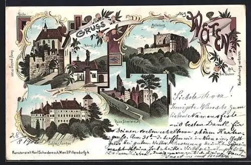 Lithographie Weiten bei Melk, Schloss Leihen, Roland-Säule