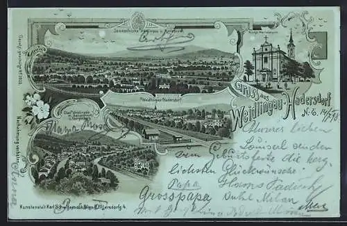 Mondschein-Lithographie Weidlingau-Hadersdorf, Totalansicht mit Sanatorium und Georgenberg, Kirche Mariabrunn