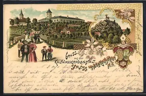 Lithographie Walkenstein /N.Ö., Kaltwasserheilanstalt im Schloss, Hubertus-Felsen