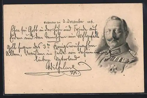 AK Kaiser Wilhelm II., Portrait, Weihnachtsgruss des Kaisers 1916