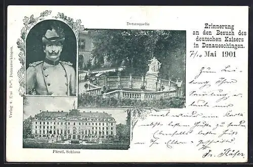 AK Donaueschingen, Besuch Kaiser Wilhelm II. 1901, Portrait, Donauquelle, Fürstl. Schloss