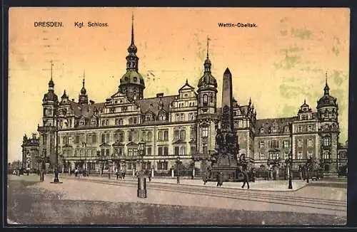 AK Dresden, Teilansicht mit Kgl. Schloss und Wettin-Obelisk