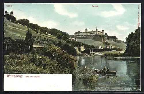 AK Würzburg, Bootspartie bei der Insel mit Blick auf das Käpelle und die Festung