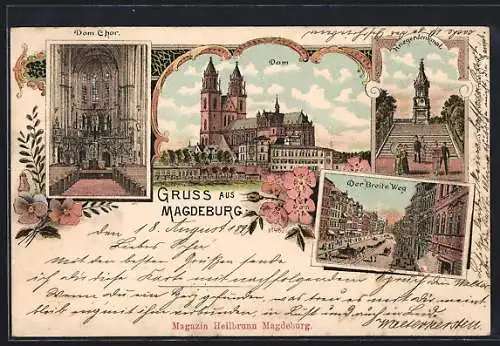 Lithographie Magdeburg, Breite Weg-Strasse, Dom Chor, Kriegerdenkmal