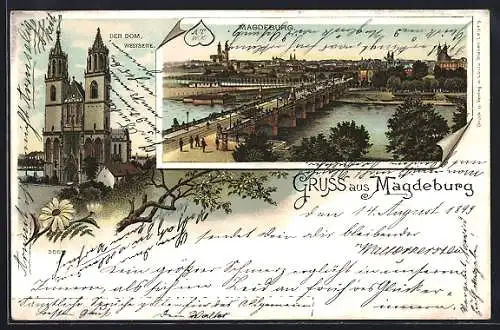 Lithographie Magdeburg, Dom von der Westseite, Stadtansicht mit Elbbrücke