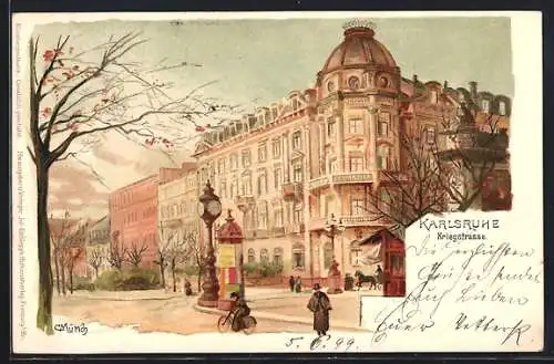 Künstler-Lithographie Carl Münch: Karlsruhe, Kriegstrasse