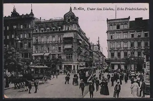 AK Berlin, Hotel Bauer, Unter den Linden Ecke Friedrichstrasse, Pferdebus