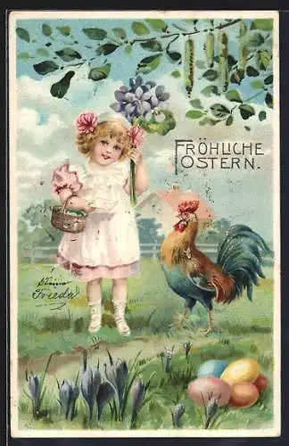 Präge-AK Mädchen mit Hahn und Blumenstrauss, Fröhliche Ostern