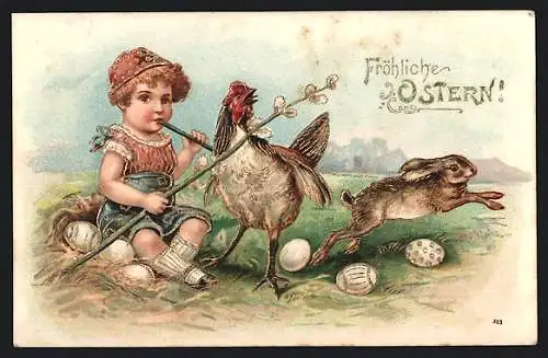 Präge-AK Osterhase, Huhn und Mädchen auf einem Feld