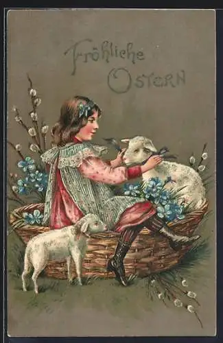 AK Mädchen und Osterlamm sitzen in einem Korb, Fröhliche Ostern